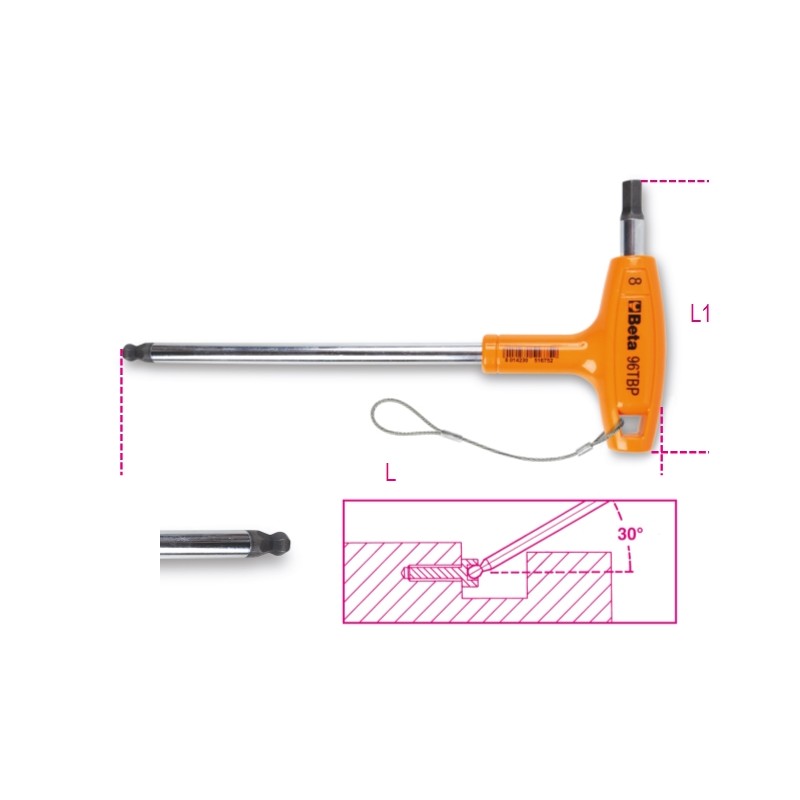 BETA 96TBP-HS Chiave maschio esagonale piegate con estremità sferica ed impugnatura di manovra cromate H-SAFE