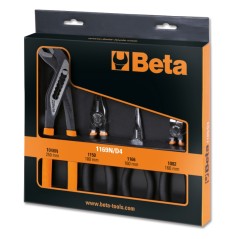 BETA 1169N/D4 Assortimento di 1 pinza universale a grande effetto, 1 pinza becchi mezzotondi lunghi, 1 tronchese cromato e 1 pin