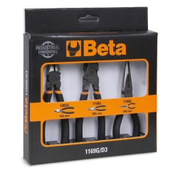 BETA 1169G/D3 Assortimento di 1 pinza universale, 1 pinza becchi mezzotondi lunghi e 1 tronchese, con 2 strati di PVC antiscivol