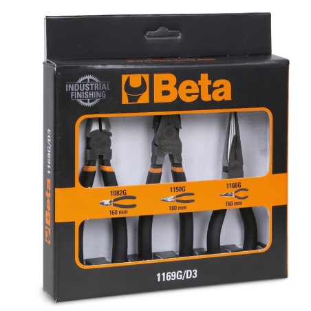 BETA 1169G/D3 Assortimento di 1 pinza universale, 1 pinza becchi mezzotondi lunghi e 1 tronchese, con 2 strati di PVC antiscivol