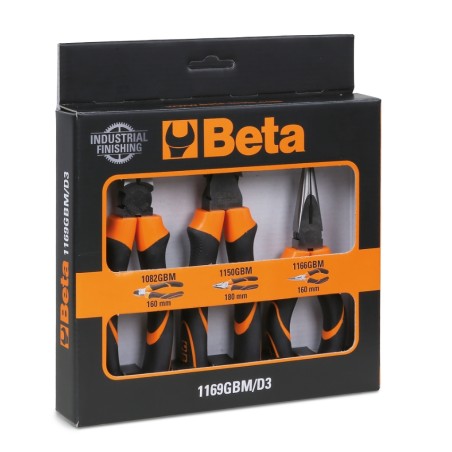BETA 1169GBM/D3 Assortimento di 1 pinza universale, 1 pinza becchi mezzotondi lunghi e 1 tronchese, impugnatura bimateriale, con